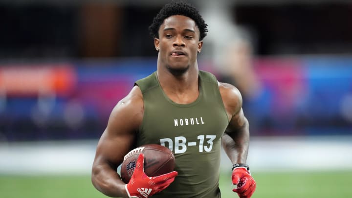 Mar 1, 2024; Indianapolis, IN, USA; South Dakota defensive back Myles Harden (DB13) works out during the 2024 NFL Combine at Lucas Oil Stadium.