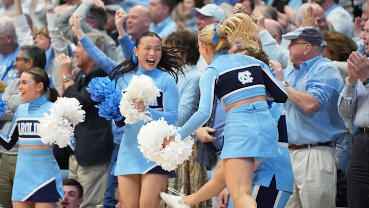 Feb 7, 2026; Chapel Hill, North Carolina, USA; North Carolina Tar Heels cheerleaders react in the second  half at Dean E. Smith Center. Mandatory Credit: Bob Donnan-Imagn Images