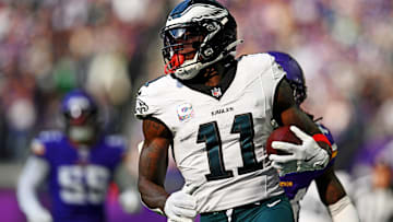 Oct 19, 2025; Minneapolis, Minnesota, USA; Philadelphia Eagles wide receiver A.J. Brown (11) makes a catch during the first half against the Minnesota Vikings at U.S. Bank Stadium.