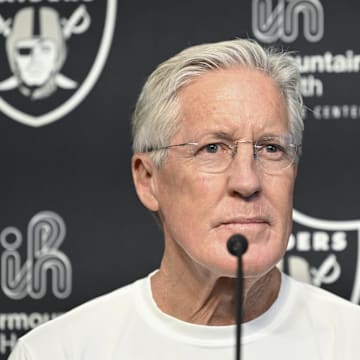 Apr 25, 2025; Henderson, NV, USA;  Las Vegas Raiders head coach Pete Carroll at a news conference introducing Ashton Jeanty as the first round draft pick in the 2025 NFL Draft at Intermountain Health Performance Center. Mandatory Credit: Candice Ward-Imagn ImagesRa