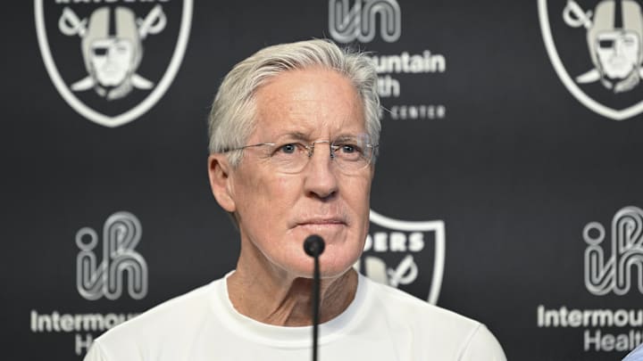 Apr 25, 2025; Henderson, NV, USA;  Las Vegas Raiders head coach Pete Carroll at a news conference introducing Ashton Jeanty as the first round draft pick in the 2025 NFL Draft at Intermountain Health Performance Center. Mandatory Credit: Candice Ward-Imagn ImagesRa
