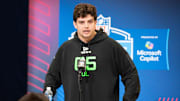 Mar 1, 2025; Indianapolis, IN, USA; Louisiana State University offensive lineman Will Campbell (OL05) answers questions at a press conference during the 2025 NFL Combine at Indiana Convention Center. Mandatory Credit: Jacob Musselman-Imagn Images