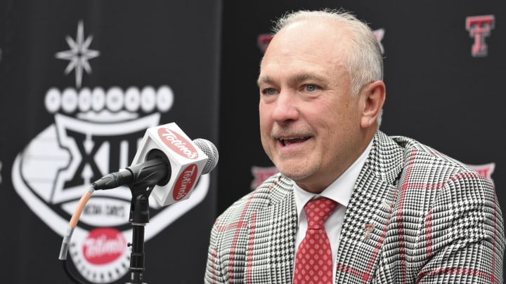 Jul 9, 2024; Las Vegas, NV, USA; Texas Tech head coach Joey McGuire speaks to the media during the Big 12 Media Days at Allegiant Stadium. Mandatory Credit: Candice Ward-USA TODAY Sports
