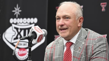 Jul 9, 2024; Las Vegas, NV, USA; Texas Tech head coach Joey McGuire speaks to the media during the Big 12 Media Days at Allegiant Stadium. Mandatory Credit: Candice Ward-USA TODAY Sports