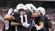 Sep 13, 2025; Cincinnati, Ohio, USA;  Cincinnati Bearcats tight end Joe Royer (11) celebrates with teammates after scoring a touchdown against the Northwestern State Demons in the first half at Nippert Stadium. Mandatory Credit: Aaron Doster-Imagn Images