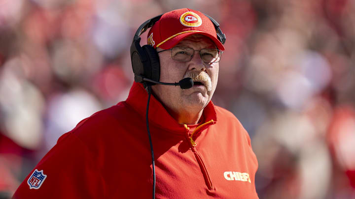 October 20, 2024; Santa Clara, California, USA; Kansas City Chiefs head coach Andy Reid before the game against the San Francisco 49ers at Levi's Stadium. Mandatory Credit: Kyle Terada-Imagn Images