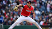 Apr 13, 2025; Cleveland, Ohio, USA; Cleveland Guardians relief pitcher Joey Cantillo (54) throws a pitch in the eighth inning against the Kansas City Royals at Progressive Field. Mandatory Credit: David Dermer-Imagn Images