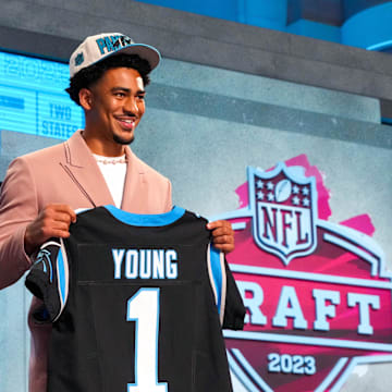 Apr 27, 2023; Kansas City, MO, USA; Alabama quarterback Bryce Young on stage after he was drafted first overall by the Carolina Panthers in the first round of the 2023 NFL Draft at Union Station. Mandatory Credit: Kirby Lee-Imagn Images