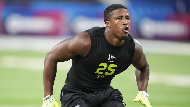 Feb 26, 2026; Indianapolis, IN, USA; Ohio State linebacker Sonny Styles (LB25) during the NFL Scouting Combine  at Lucas Oil Stadium. Mandatory Credit: Kirby Lee-Imagn Images