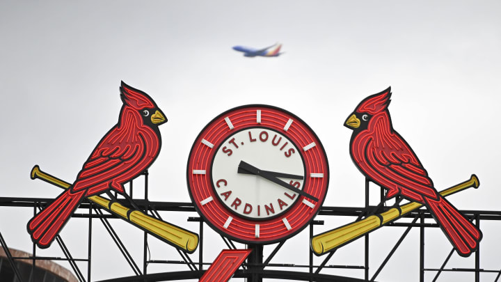 Apr 16, 2023; St. Louis, Missouri, USA;  A general view of the St. Louis Cardinals scoreboard as a plane passes by during the seventh inning of a game against the Pittsburgh Pirates at Busch Stadium. Mandatory Credit: Jeff Curry-USA TODAY Sports