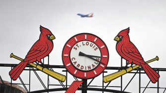 Apr 16, 2023; St. Louis, Missouri, USA;  A general view of the St. Louis Cardinals scoreboard as a plane passes by during the seventh inning of a game against the Pittsburgh Pirates at Busch Stadium. Mandatory Credit: Jeff Curry-USA TODAY Sports