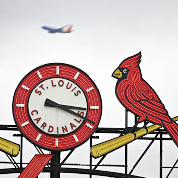 Apr 16, 2023; St. Louis, Missouri, USA;  A general view of the St. Louis Cardinals scoreboard as a plane passes by during the seventh inning of a game against the Pittsburgh Pirates at Busch Stadium. Mandatory Credit: Jeff Curry-Imagn Images