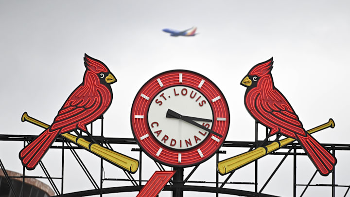 Apr 16, 2023; St. Louis, Missouri, USA; A general view of the St. Louis Cardinals scoreboard as a plane passes by during the seventh inning of a game against the Pittsburgh Pirates at Busch Stadium. Mandatory Credit: Jeff Curry-Imagn Images