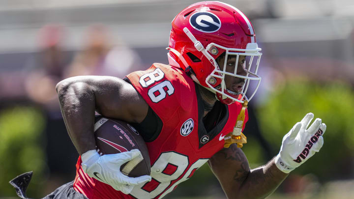 Apr 13, 2024; Athens, GA, USA; Georgia Bulldogs wide receiver Dillon Bell (86) runs with the ball during the G-Day Game at Sanford Stadium. Mandatory Credit: Dale Zanine-USA TODAY Sports