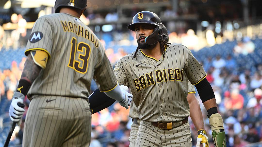 May 29, 2026; Washington, District of Columbia, USA; San Diego Padres second baseman Fernando Tatis Jr. (23) is congratulated by third baseman Manny MacHado (13) after scoring a run against the Washington Nationals during the first inning at Nationals Park. Mandatory Credit: Brad Mills-Imagn Images May 29, 2026; Washington, District of Columbia, USA; San Diego Padres second baseman Fernando Tatis Jr. (23) is congratulated by third baseman Manny MacHado (13) after scoring a run against the Washington Nationals during the first inning at Nationals Park. Mandatory Credit: Brad Mills-Imagn Images