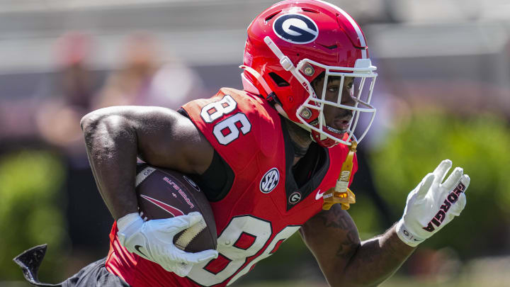 Apr 13, 2024; Athens, GA, USA; Georgia Bulldogs wide receiver Dillon Bell (86) runs with the ball during the G-Day Game at Sanford Stadium. Mandatory Credit: Dale Zanine-USA TODAY Sports