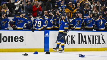 St. Louis Blues center Jordan Kyrou (25) is congratulated