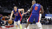 Dec 6, 2025; Detroit, Michigan, USA;  Detroit Pistons forward Duncan Robinson (55) dribbles in the second half against the Milwaukee Bucks at Little Caesars Arena. Mandatory Credit: Rick Osentoski-Imagn Images
