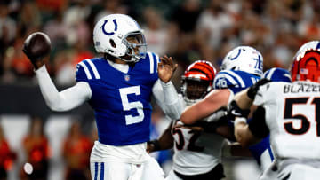 Indianapolis Colts quarterback Anthony Richardson (5) throws a pass in the second quarter of the NFL preseason game between the Cincinnati Bengals and the Indianapolis Colts at Paycor Stadium in Cincinnati on Thursday, Aug. 22, 2024.