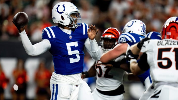 Indianapolis Colts quarterback Anthony Richardson (5) throws a pass in the second quarter of the NFL preseason game between the Cincinnati Bengals and the Indianapolis Colts at Paycor Stadium in Cincinnati on Thursday, Aug. 22, 2024.