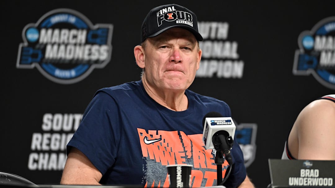 Mar 28, 2026; Houston, TX, USA; Illinois Fighting Illini head coach Brad Underwood speaks in a press conference after defeating the Iowa Hawkeyes in the Elite Eight.