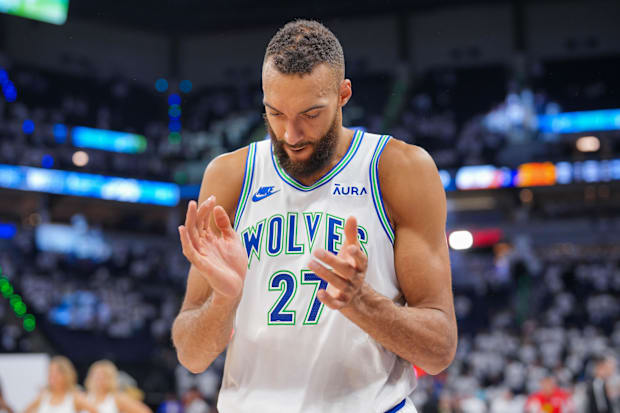 Minnesota Timberwolves center Rudy Gobert (27) celebrates against the Phoenix Suns during the 2024 NBA playoffs.