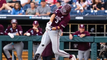 Jun 19, 2024; Omaha, NE, USA; Texas A&M Aggies second baseman Kaeden Kent (3) flies out to second base against the Florida Gators during the second inning at Charles Schwab Field Omaha. Mandatory Credit: Dylan Widger-USA TODAY Sports