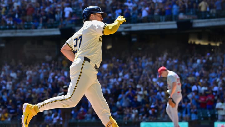 Milwaukee Brewers shortstop Willy Adames (27) runs the bases after hitting a 3-run home run in the first inning against St. Louis Cardinals starting pitcher Andre Pallante (53) at American Family Field on Sept 2.