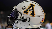 Nov 3, 2022; Conway, South Carolina, USA; A general view of a Appalachian State Mountaineers helmet during the game against the Coastal Carolina Chanticleers at Brooks Stadium. Mandatory Credit: David Yeazell-Imagn Images