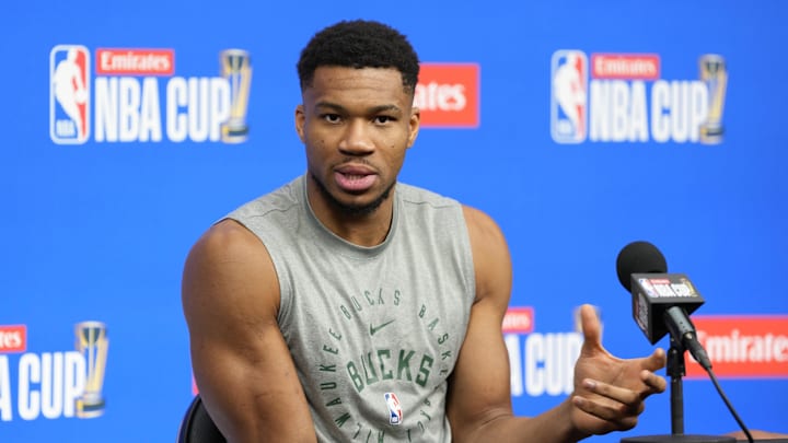 Milwaukee Bucks forward Giannis Antetokounmpo addresses the media in a press conference during practice. Milwaukee Bucks forward Giannis Antetokounmpo addresses the media in a press conference during practice.