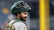 Sep 19, 2025; Pittsburgh, Pennsylvania, USA;  Athletics catcher Shea Langeliers (23) looks to the Athletics dugout against the Pittsburgh Pirates during the first inning at PNC Park. Mandatory Credit: Charles LeClaire-Imagn Images