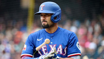 Apr 27, 2025; San Francisco, California, USA; Texas Rangers second baseman Marcus Semien (2) walks to the batters box against the San Francisco Giants during the eighth inning at Oracle Park. Mandatory Credit: Robert Edwards-Imagn Images