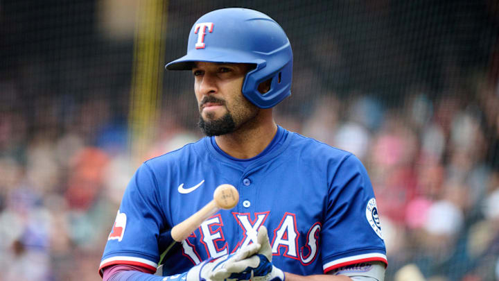Apr 27, 2025; San Francisco, California, USA; Texas Rangers second baseman Marcus Semien (2) walks to the batters box against the San Francisco Giants during the eighth inning at Oracle Park. Mandatory Credit: Robert Edwards-Imagn Images