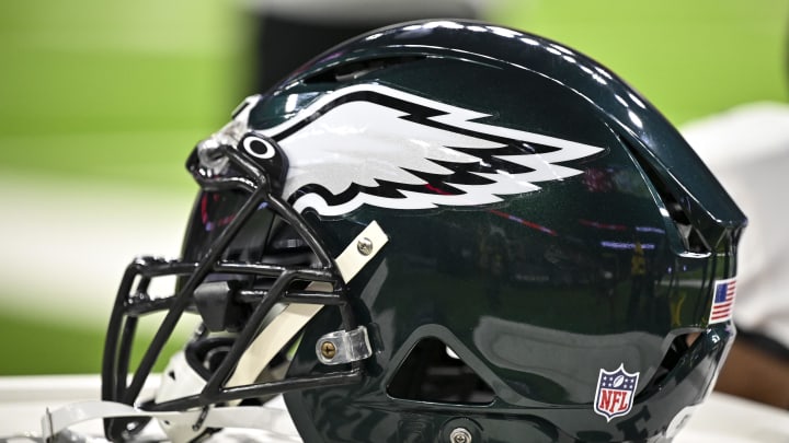 Nov 3, 2022; Houston, Texas, USA; Philadelphia Eagles helmet on the sideline during the first quarter against the Houston Texans at NRG Stadium. Mandatory Credit: Maria Lysaker-USA TODAY Sports