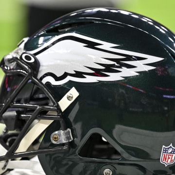 Nov 3, 2022; Houston, Texas, USA; Philadelphia Eagles helmet on the sideline during the first quarter against the Houston Texans at NRG Stadium. Mandatory Credit: Maria Lysaker-USA TODAY Sports