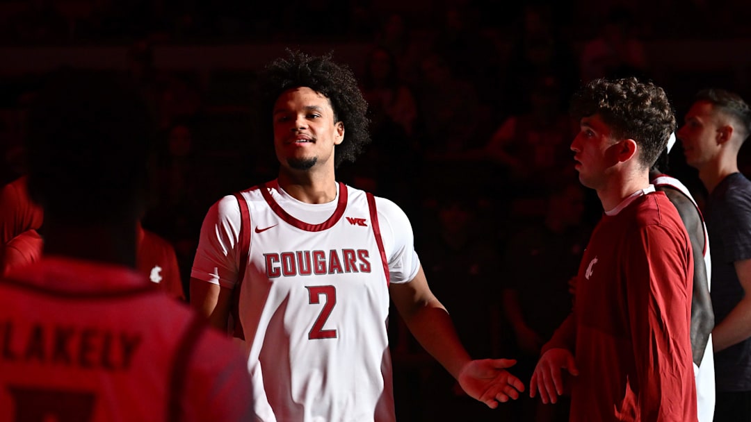 Oct 25, 2025; Pullman, WA, USA; Washington State Cougars forward Eemeli Yalaho (2) is introduced before a game against the New Mexico Lobos at Friel Court at Beasley Coliseum. Mandatory Credit: James Snook-Imagn Images