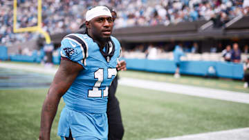 Oct 12, 2025; Charlotte, North Carolina, USA; Carolina Panthers wide receiver Xavier Legette (17) walks off the field during halftime against the Dallas Cowboys at Bank of America Stadium. Mandatory Credit: Scott Kinser-Imagn Images