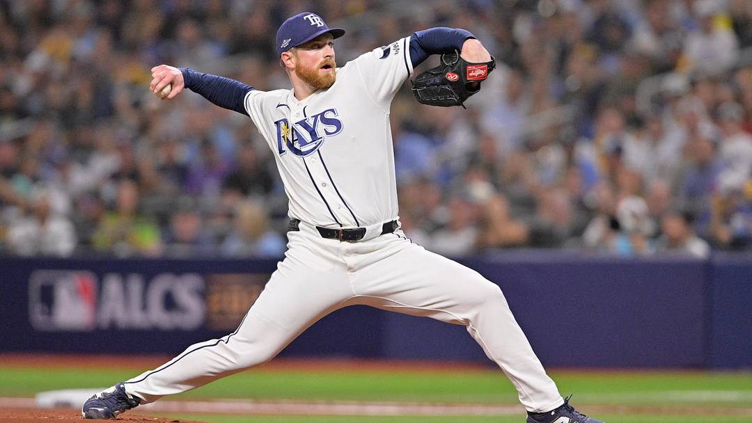 Oct 12, 2026; St. Petersburg, Florida, USA;  Tampa Bay Rays pitcher Drew Rasmussen (57) throws a pitch against the Cleveland Guardians during the first inning in game one of the ALCS for the 2026 MLB Playoffs at Tropicana Field.  Mandatory Credit: Pablo Robles-Imagn Images