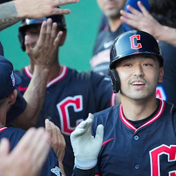 Steven Kwan, whose name has been bandied about in trade rumors recently, celebrates after a home run against the Royals.