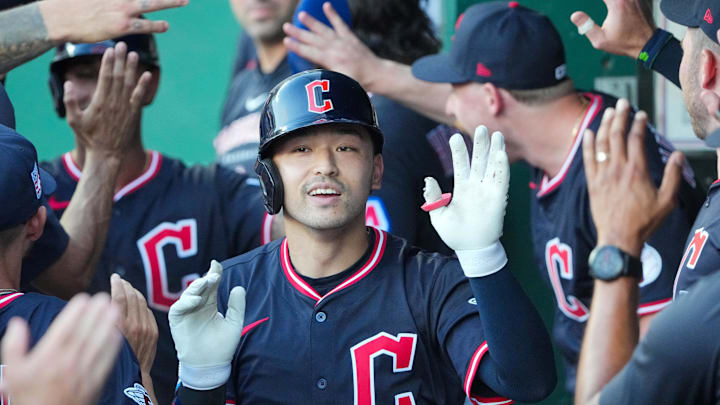 Steven Kwan, whose name has been bandied about in trade rumors recently, celebrates after a home run against the Royals.