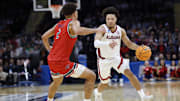 Mar 23, 2025; Cleveland, OH, USA; Alabama Crimson Tide guard Mark Sears (1) dribbles defended by St. Mary's Gaels guard Jordan Ross (2) in the second half during the NCAA Tournament Second Round at Rocket Arena. Mandatory Credit: Rick Osentoski-Imagn Images