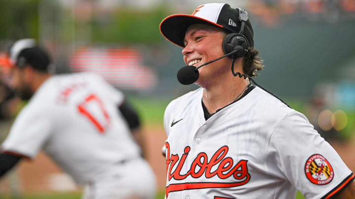 Jul 31, 2024; Baltimore, Maryland, USA; Baltimore Orioles second baseman Jackson Holliday (7) is interviewed following the game between the Baltimore Orioles and the Toronto Blue Jays at Oriole Park at Camden Yards