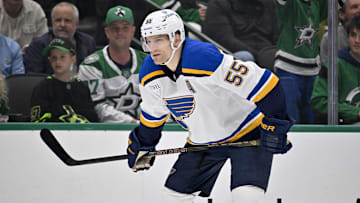 Mar 2, 2025; Dallas, Texas, USA; St. Louis Blues defenseman Colton Parayko (55) in action during the game between the Dallas Stars and the St. Louis Blues at the American Airlines Center. Mandatory Credit: Jerome Miron-Imagn Images
