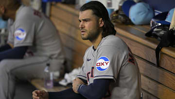 Jul 4, 2025; Los Angeles, California, USA; Houston Astros starting pitcher Lance McCullers Jr. (43) looks on from the dugout during the sixth inning against the Los Angeles Dodgers at Dodger Stadium. Mandatory Credit: Jayne Kamin-Oncea-Imagn Images