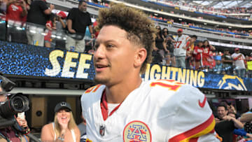 Sep 29, 2024; Inglewood, California, USA;  Kansas City Chiefs quarterback Patrick Mahomes (15) leaves the field following the game against the Los Angeles Chargers at SoFi Stadium. Mandatory Credit: Jayne Kamin-Oncea-Imagn Images