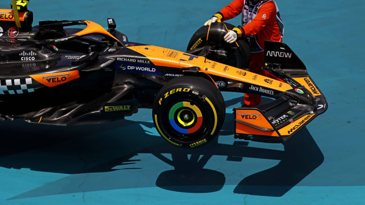 May 4, 2024; Miami Gardens, Florida, USA; The car of McLaren driver Lando Norris (not pictured) is moved off the track after a wreck at the start of the F1 Sprint Race at Miami International Autodrome. Mandatory Credit: Peter Casey-USA TODAY Sports