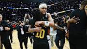May 5, 2024; Cleveland, Ohio, USA; Cleveland Cavaliers guard Darius Garland (10) hugs Orlando Magic forward Paolo Banchero (5) after the Cavaliers beat the Magic in game seven of the first round for the 2024 NBA playoffs at Rocket Mortgage FieldHouse. Mandatory Credit: Ken Blaze-Imagn Images