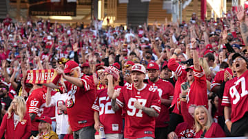 Oct 8, 2023; Santa Clara, California, USA; San Francisco 49ers fans react after a fumble recovery by