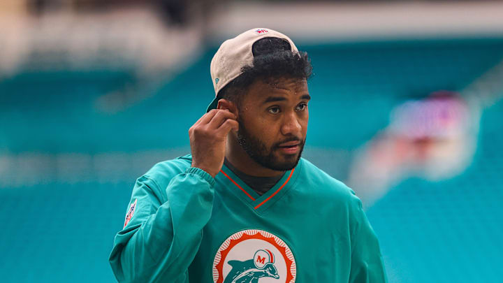 Sep 12, 2024; Miami Gardens, Florida, USA; Miami Dolphins quarterback Tua Tagovailoa (1) walks on the field before the game against the Buffalo Bills at Hard Rock Stadium. 