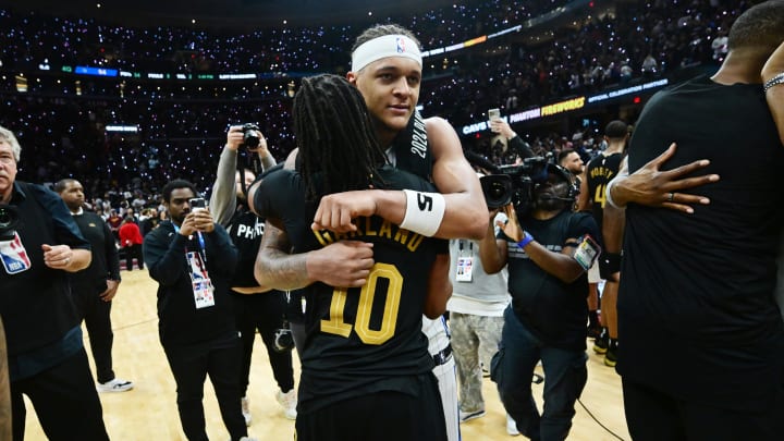 May 5, 2024; Cleveland Cavaliers guard Darius Garland (10) hugs Orlando Magic forward Paolo Banchero (5) after the Cavaliers beat the Magic in game seven of the first round for the 2024 NBA playoffs at Rocket Mortgage FieldHouse.